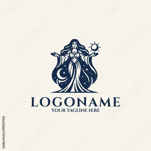 Stylized emblem featuring a celestial goddess figure holding a sun and moon, minimalist graphic logo design with cosmic elements and flowing gown.
