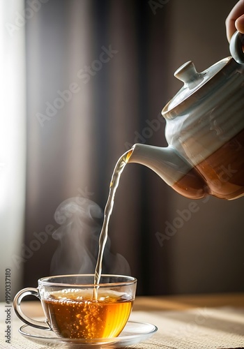 Pouring hot tea from a teapot into a glass cup with steam