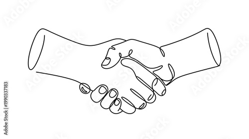 Two People Shaking Hands in a Continuous Line Art Style, expressing Agreement and Partnership, isolated white background