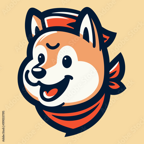 Cute Shiba Inu Dog Head Mascot Vector Illustration, Minimal Flat Design with Bold Outline and Warm Color Palette