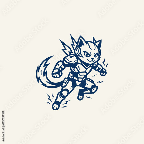 Stylized illustration of a cat wearing futuristic power armor, energetic feline mascot character running with lightning bolts and electrical speed effects.