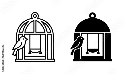 Birdcage with Swing and Small Songbird Icon Set