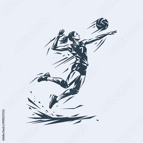 Stylized illustration of a volleyball player jumping to hit the ball, dynamic action shot with abstract lines representing movement and energy.