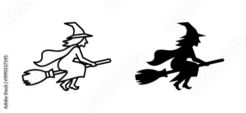 Witch flying on broomstick silhouette and outline vector icons