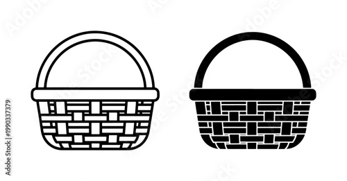 Wicker Basket Icon Set with Handle and Woven Texture