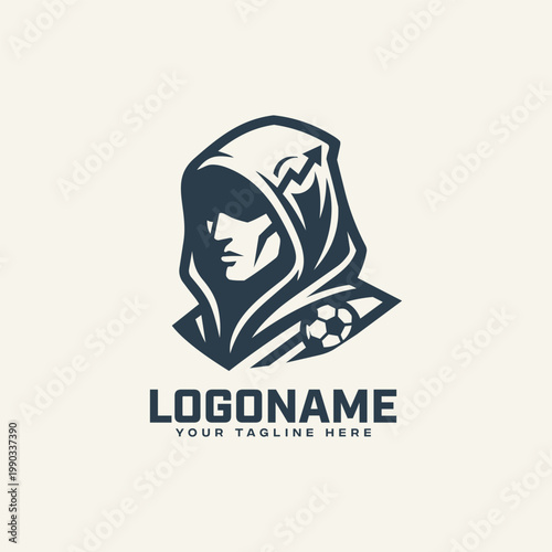 Stylized mascot logo featuring a mysterious figure in a hooded cloak with a soccer ball, modern sports team emblem design for esports or athletics.