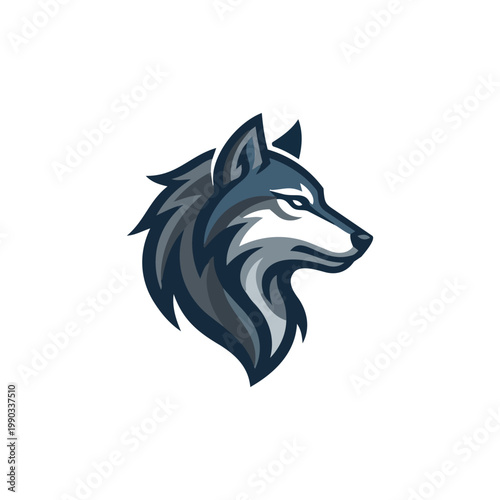 Stylized wolf head logo isolated on white background, modern mascot design with sharp lines for sports team or gaming branding, profile view of wild animal head.
