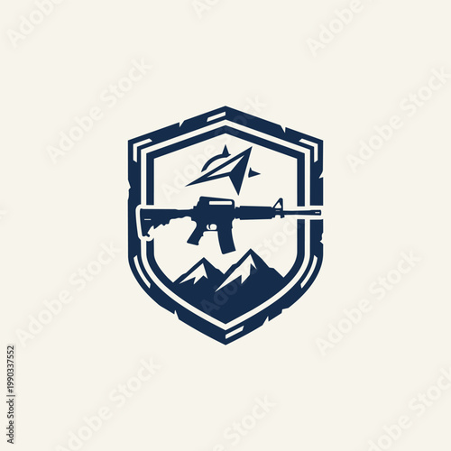Tactical shield emblem featuring a rifle, mountain peaks, and a directional arrow, minimalist adventure or outdoor sports logo design.