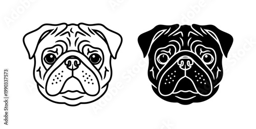 Pug Dog Face Line Art and Silhouette Vector Icons