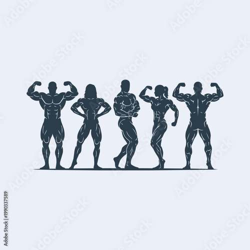 Textured silhouettes of male and female bodybuilders posing, demonstrating strong physiques and fitness