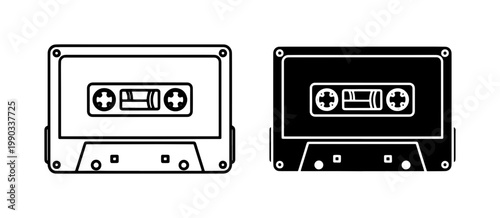 Retro Audio Cassette Tape Line and Silhouette Icon Set