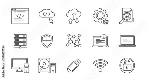 Collection of technology and computer icons in a sketch style.