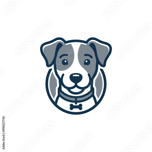 Vector illustration of a Jack Russell Terrier dog head logo, minimalist pet icon with collar and bone charm on white background