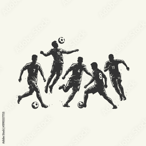 Vector illustration of multiple male soccer player silhouettes in dynamic action poses, playing with soccer balls, depicting a team sport.
