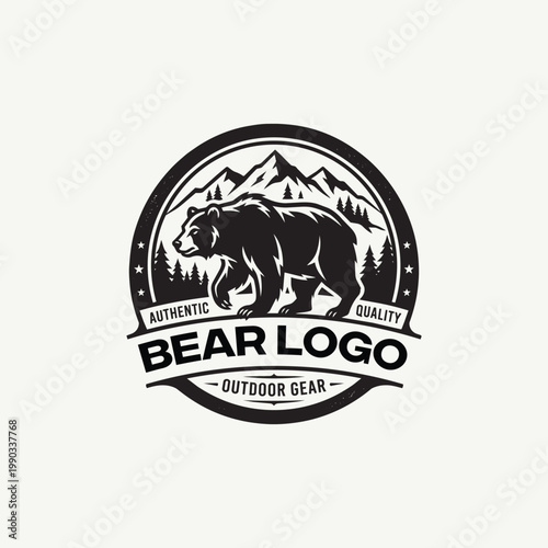Vintage bear logo design for outdoor gear brand, circular badge featuring a walking grizzly bear, mountain peaks, and forest silhouette in black and white vector style.