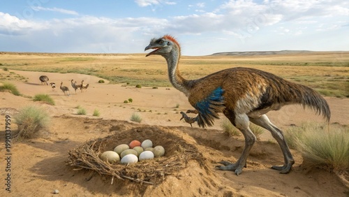 Scientific paleoart: A feathered Oviraptor tends to its egg-filled nest in a Late Cretaceous Mongolian floodplain.