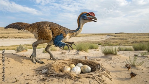 Scientific paleoart: A feathered Oviraptor tends to its egg-filled nest in a Late Cretaceous Mongolian floodplain.