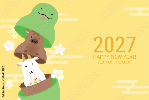 Chinese zodiac snake horse and goat banner template. Cute Year of the Goat 2027 horizontal greetings card template with zodiac animals figurines.