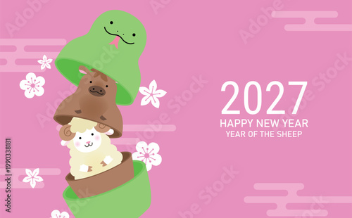 Chinese zodiac snake horse and sheep banner template. Cute Year of the Sheep 2027 greetings card template with zodiac animals figurines.