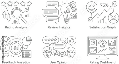 A collection of line illustrations depicting various aspects of customer feedback and rating analysis AI, eps, png, jpg. transparent background.