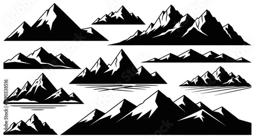 Collection of Mountain Peaks Silhouettes Vector Illustration.