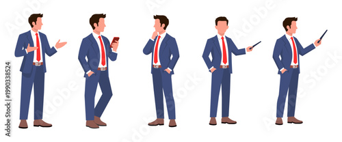 Businessman character set with different poses presentation thinking and smartphone usage vector