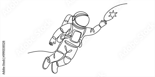 A single continuous line drawing of an astronaut reaching out to touch a bright shining star icon Vector, illustration