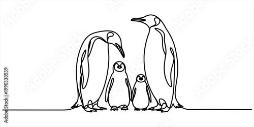 Minimalist continuous line art illustration featuring a penguin family standing together in unity Vector, illustration