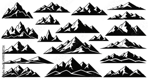 Collection of Stylized Mountain Peaks in Black and White.