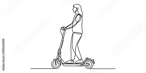 A single continuous line drawing of a person riding an electric scooter in a minimalist style art Vector, illustration
