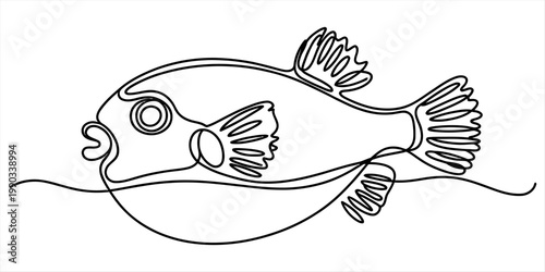 Minimalist continuous line art illustration of a cute pufferfish swimming in the ocean water Vector, illustration