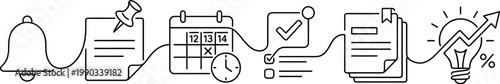 A black and white illustration of various business and productivity icons connected by a line. AI, eps, png, jpg. transparent background.
