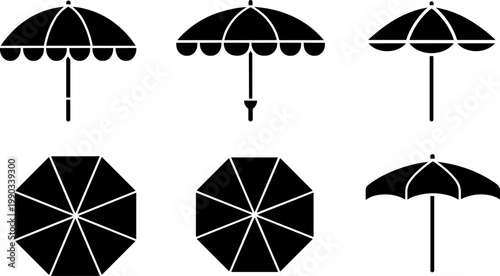 Stylized black silhouette beach umbrella icons, six designs with side and top views showing canopy shapes and decorative panels