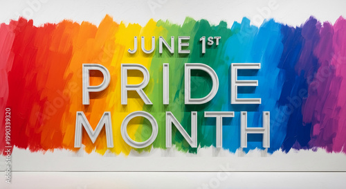 Bright rainbow strokes backdrop with white letters spelling 