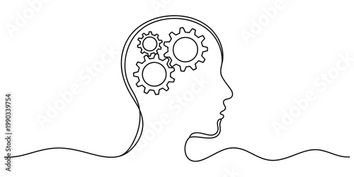 Bild auf Leinwand Continuous line drawing of a human profile with gears inside the head symbolizing thought