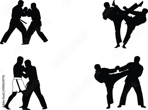 Set of Karate and Martial Arts Silhouettes Featuring Dynamic Fighting Poses Kicks and Sparring Actions Isolated on a Clean White Background for Athletic Design