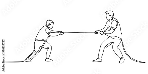 Continuous line drawing of two people engaged in a competitive tug of war match Vector, illustration