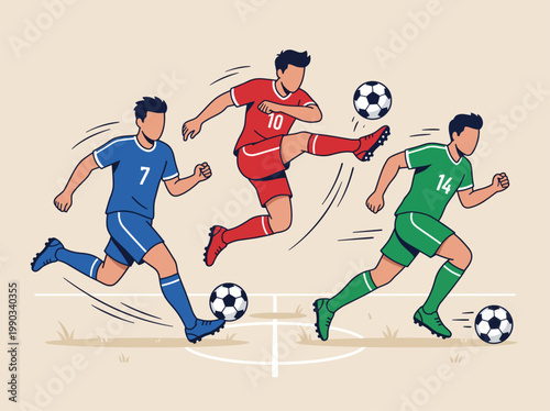 Flat vector illustration of soccer players in action on a stadium field