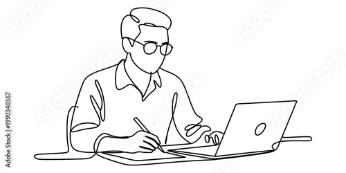 A continuous line drawing of a focused man wearing glasses while working on a laptop at a desk Vector, illustration