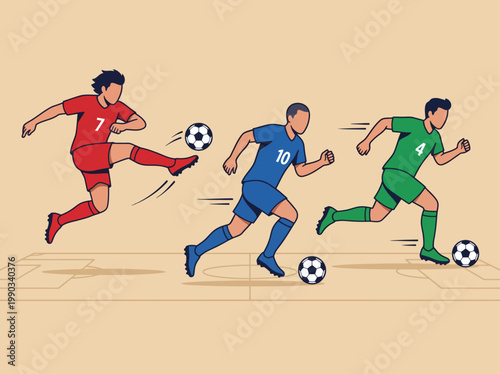 Flat vector illustration of soccer players in action on a stadium field