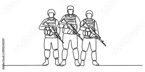 A single line drawing of three soldiers in tactical gear standing ready with rifles in position Vector, illustration