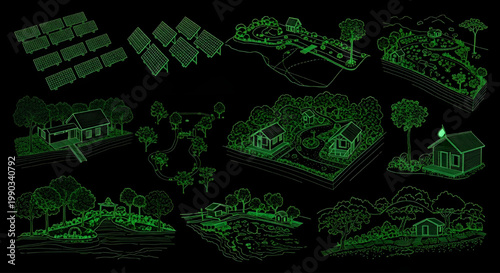 AutoCAD Solar Eco Tourism Project Blueprint Vector – Sustainable Energy System Diagram Green Outline on Black Background