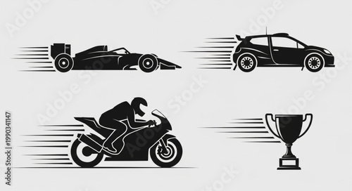 Fast Racing Car Motorcycle and Trophy Icons.