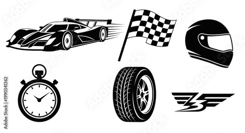Racing elements including car flag helmet tire stopwatch and emblem.