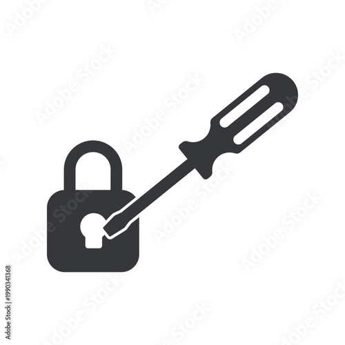 Isolated monochrome pictogram of screwdriver inserted into lock representing forced entry, theft attempt, burglary risk, and security breach warning symbol
