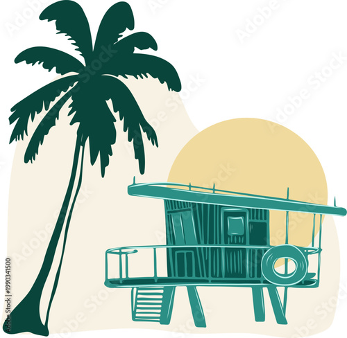 Tropical beach bungalow with palm tree and sunset silhouette for summer resort poster Vector illustration