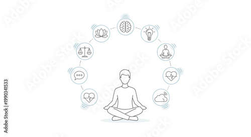 Line drawing of a meditating person surrounded by various icons representing wellness and mindfulness on a white background.