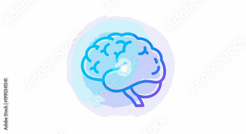 Illustration of a blue brain with a thought bubble on a white background with pastel colors.