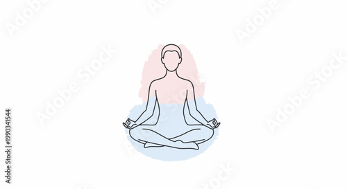 Simple line drawing of a person meditating in lotus position with hands in mudra on a white background with pink and blue abstract shapes.