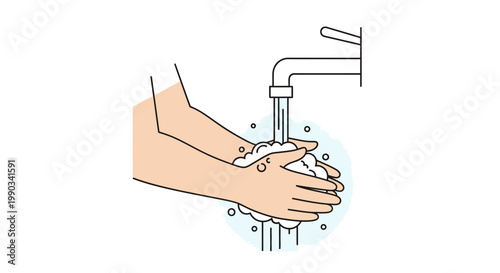 A person's hands washing with soap and water under a faucet with a minimalist line drawing style on a white background.
